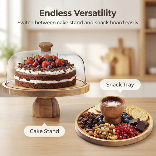 Cake Stand with Acrylic Dome Lid ¨C Acacia Wood Serving Platter 2-in-1 Round Shatterproof Dessert Display Tray for Cheese Charcuterie Fruit Veggie Chips Party Table Centerpiece Holiday Gift