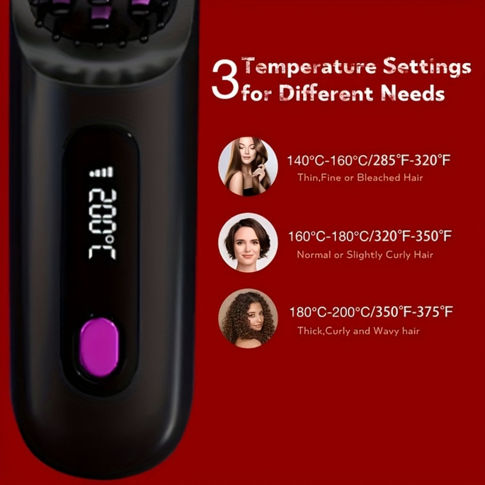 Portable Wireless Hair Straightener Comb USB Rechargeable 3-Speed Temp Control Negative Ion LED Display Lightweight for Travel