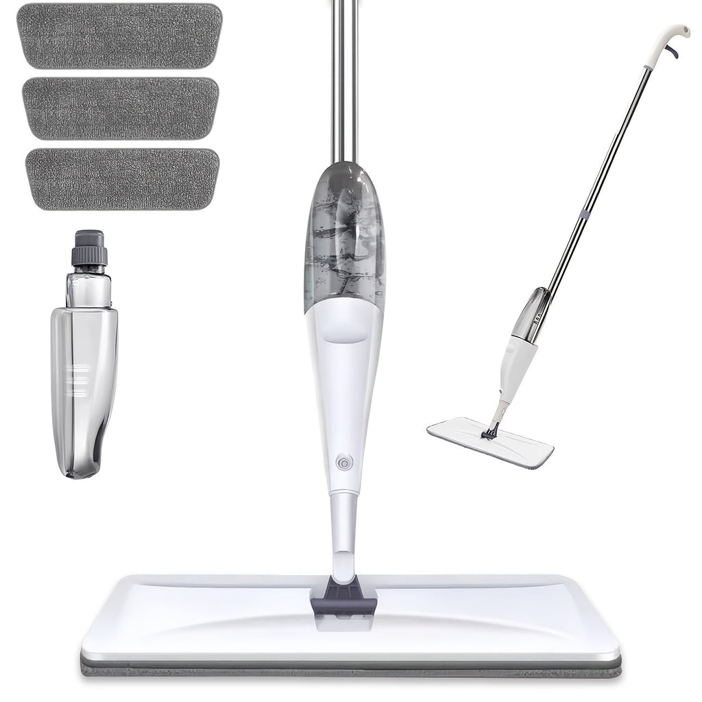 Spray Mop with 3 Washable Microfiber Carbon Fiber Pads Water Spraying Flat Mop Wet Dry Dual Use Floor Cleaning for Hardwood Laminate Tile Ceramic 4pc White