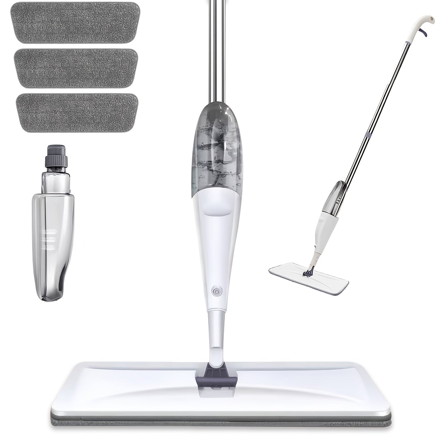 Spray Mop with 3 Washable Microfiber Carbon Fiber Pads Water Spraying Flat Mop Wet Dry Dual Use Floor Cleaning for Hardwood Laminate Tile Ceramic 4pc White