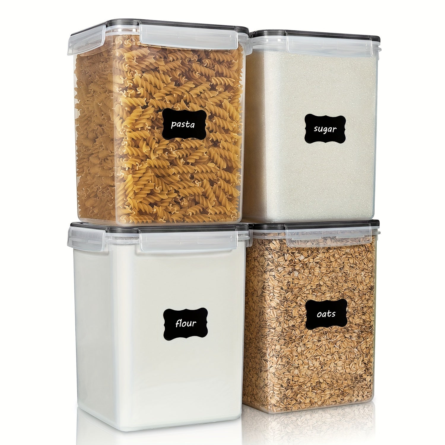 Large Airtight Pantry Canisters 4 Pack - BPA-Free Plastic Food Storage Containers with Lids for Flour Sugar Rice Cereal and Baking Supplies, 176oz 5.2L Clear Stackable Kitchen Canister Set with Measuring Cups and Chalkboard Labels