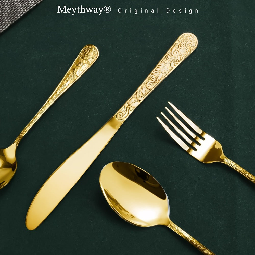 Flatware Set Stainless Steel Vintage Carved Cutlery Set Knife Fork Spoon Dishwasher Safe for Family Gatherings Holiday Parties Kitchen Decor