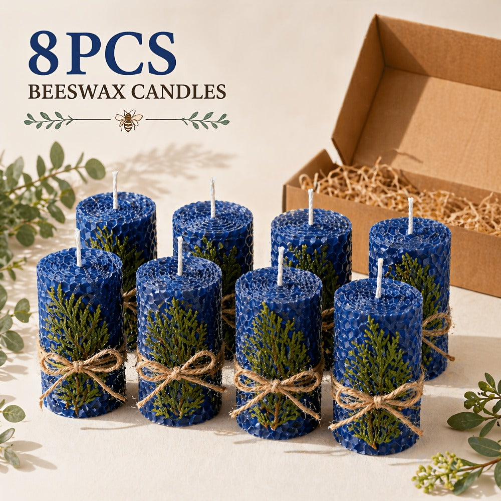 Beeswax Pillar Candles Hand Rolled with Honeycomb Texture ¨C 100% Pure Beeswax, 12+ Hour Burn, Gift Box Set for Home Decor, Christmas, Dinner & Holiday Decorations
