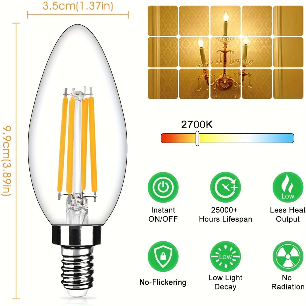 LED Candle Light Bulbs E12 Base B11 Dimmable 2700K Warm White 500 Lumens Clear Glass Vintage Filament Bulb for Chandelier Ceiling Fan Dining Room Living Room Bedroom Kitchen 12 Pack 24 Pack