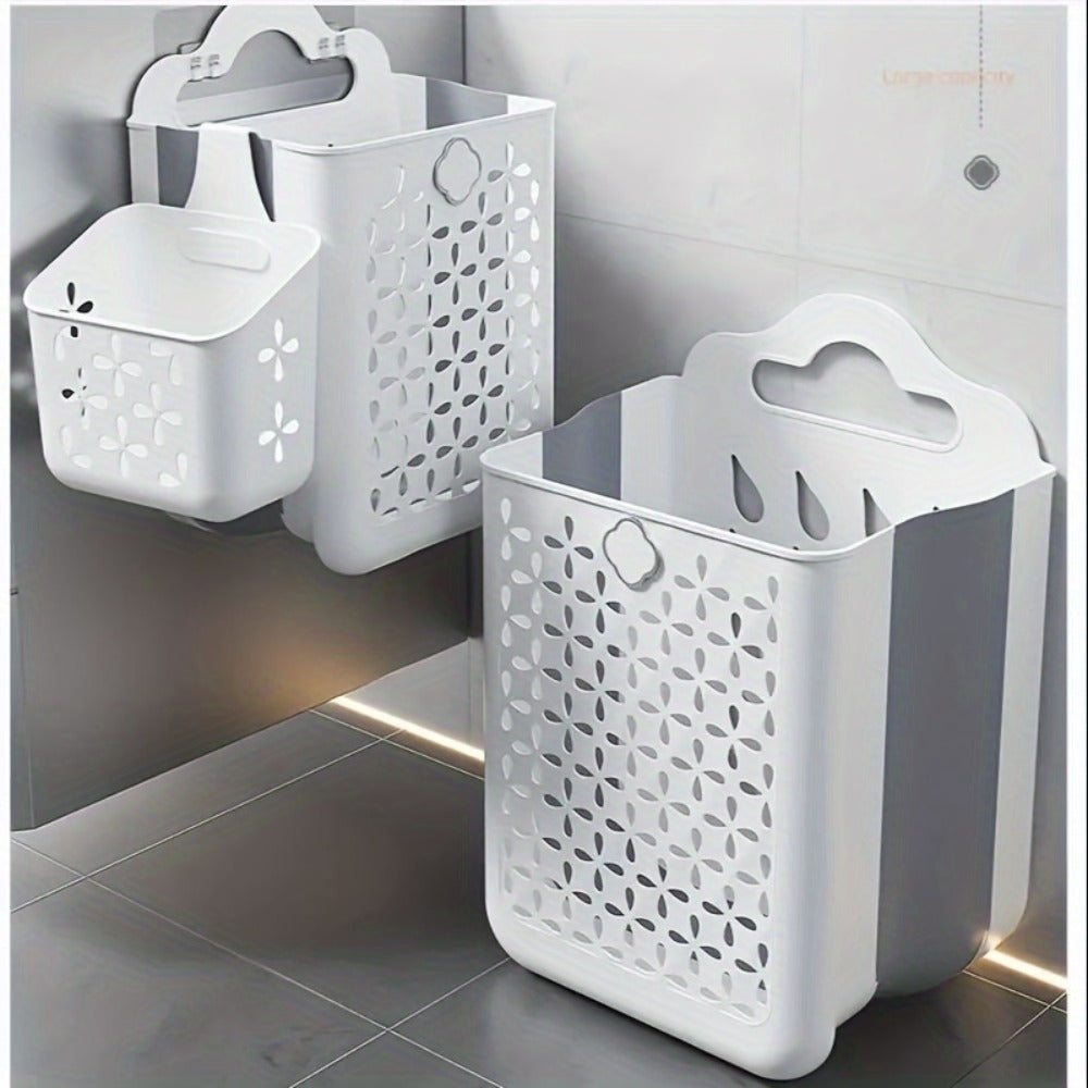 Foldable Laundry Basket Wall Mounted ¨C No-Drill Plastic Storage Bin with Cutout Design for Clothes, Toys, Snacks & Fruits ¨C Space-Saving Collapsible Organizer for Bathroom, Balcony & Bedroom