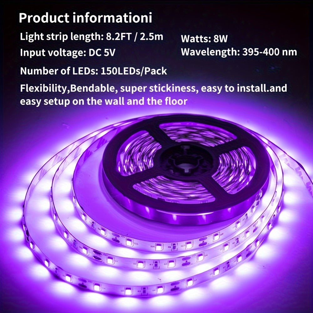 UV Black Light Bars & Strips 8-Piece Set ¨C 385-400nm USB Powered 5V LED Blacklight for Glow Party, Halloween, Neon Party, Body Paint & Fluorescent Art (4x32cm + 4x250cm)