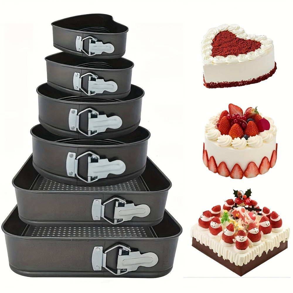 Springform Cake Pan Set 6pcs 7 8 9 10 11 Inch Heart Round Square Nonstick Leakproof Removable Bottom Carbon Steel Bakeware for Cheesecake Mousse Honeycomb Birthday Wedding Cake