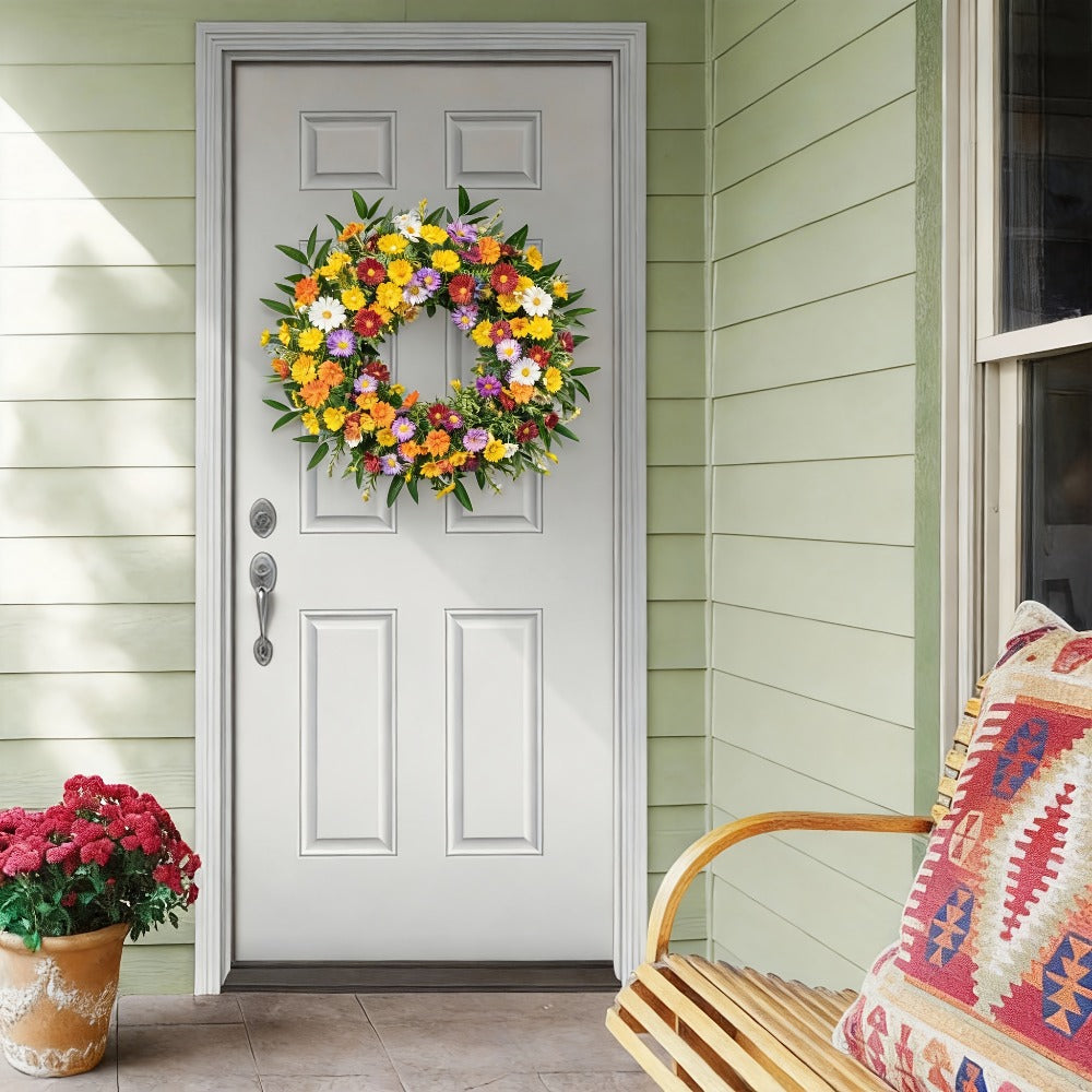 20 Inch Spring Wreath for Front Door Artificial Daisy Lavender Wildflower Farmhouse Wreath for Home Wall Easter Holiday Decor