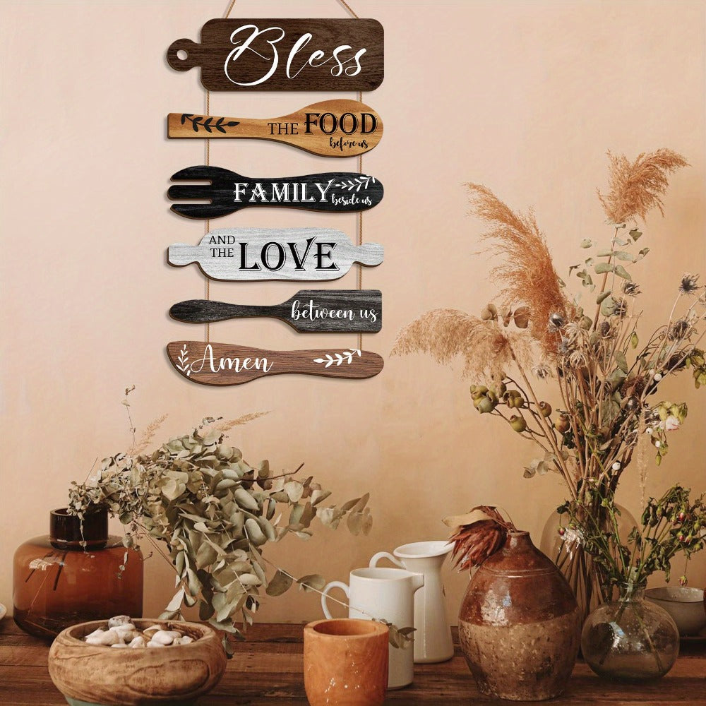 Farmhouse Wall Decor Wood Sign Set - ¡±Bless The Food Before Us¡± Rustic Kitchen Dining Room Hanging Plaque, 6-Piece Rope Wood Board Art, Housewarming Thanksgiving Gift for Home