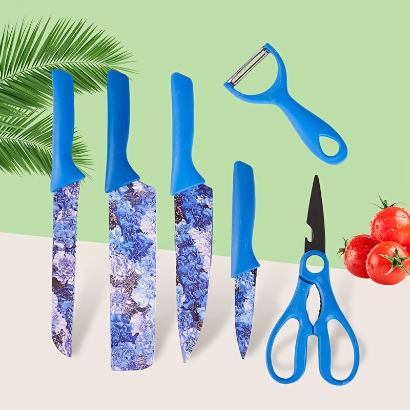Kitchen Knife Set 6 Piece with Floral Pattern, High Carbon Stainless Steel Chef Knife Set with Ergonomic Handle, Sharp Meat Cleaver Bread Knife Scissors Peeler, Colorful Cooking Knife Gift Set for Women Men
