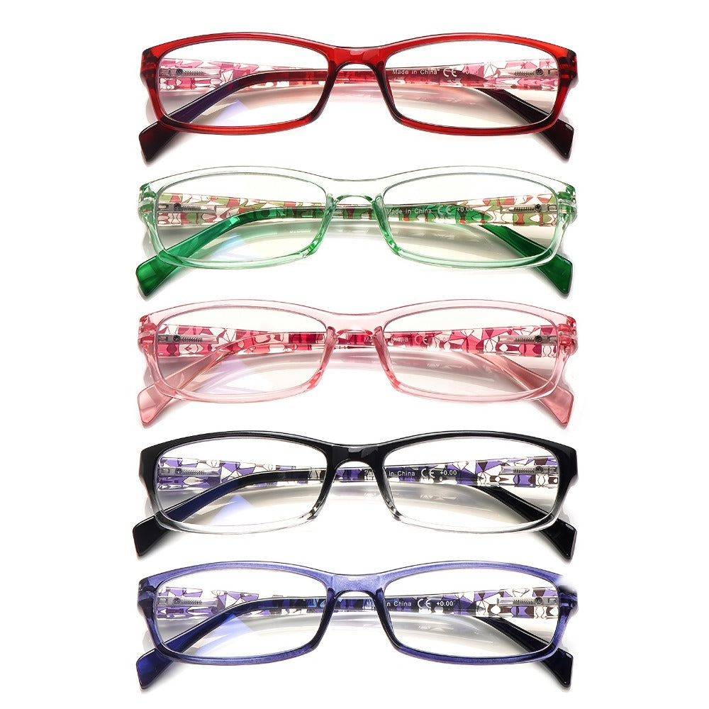 Reading Glasses 5 Pack for Women and Men Blue Light Blocking Readers Rectangular Spring Hinge Frame Anti Eyestrain Computer Reading Glasses Lightweight Fashionable Multi-Color Set Magnification 1.0 to 4.0