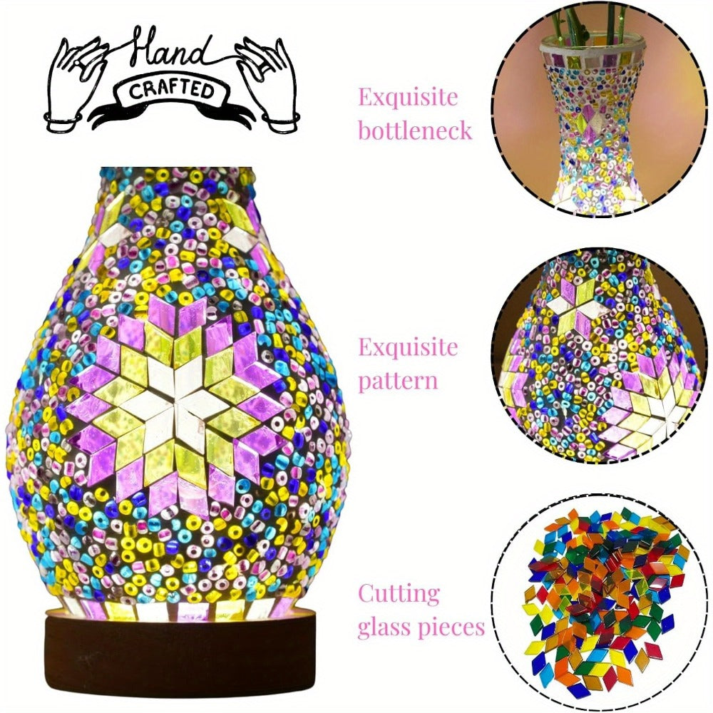 Mosaic Vase Lamp Turkish Moroccan Handmade Colorful Glass Table Lamp with Wooden Base ¨C USB Plug-In Boho Night Light, Flower Vase Lamp for Bedroom Living Room Decor, Bohemian Mosaic Desk Lamp Gift