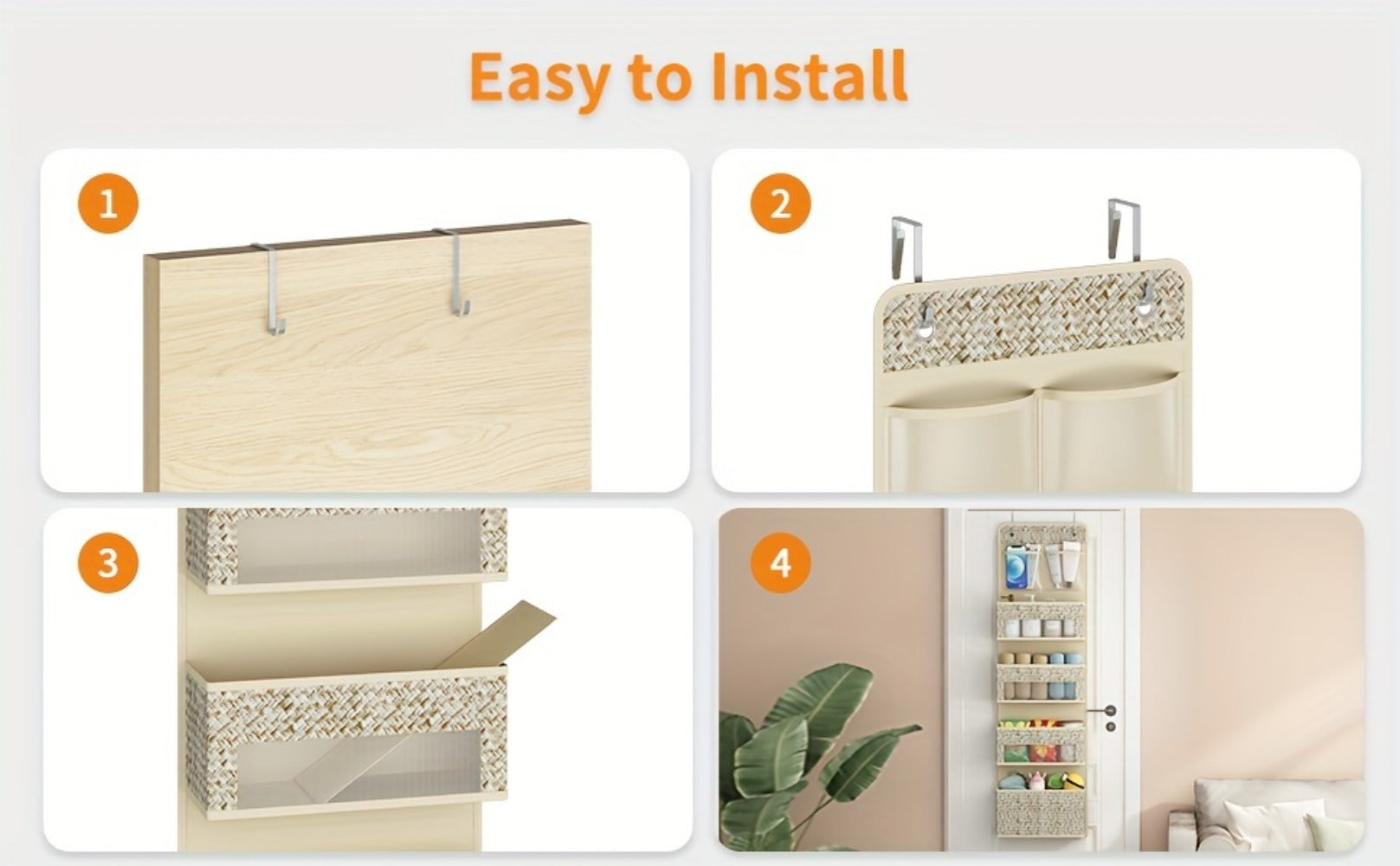 2-Pack Over-The-Door Hanging Organizer with 5 Shelves & 4 Clear Pockets ¨C Beige Rattan Storage Rack for Closet, Bedroom & Bathroom