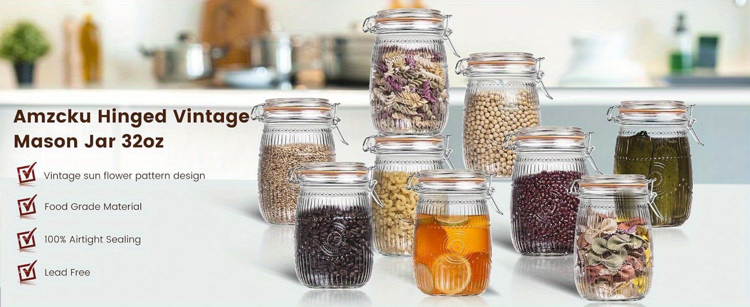 Mason Jars 6 Pack 32oz Wide Mouth Airtight Glass Canister Set with Hinged Lids Vintage Sunflower Pattern Kitchen Storage Jars for Coffee Sugar Beans Spices Dry Goods Pantry Organization
