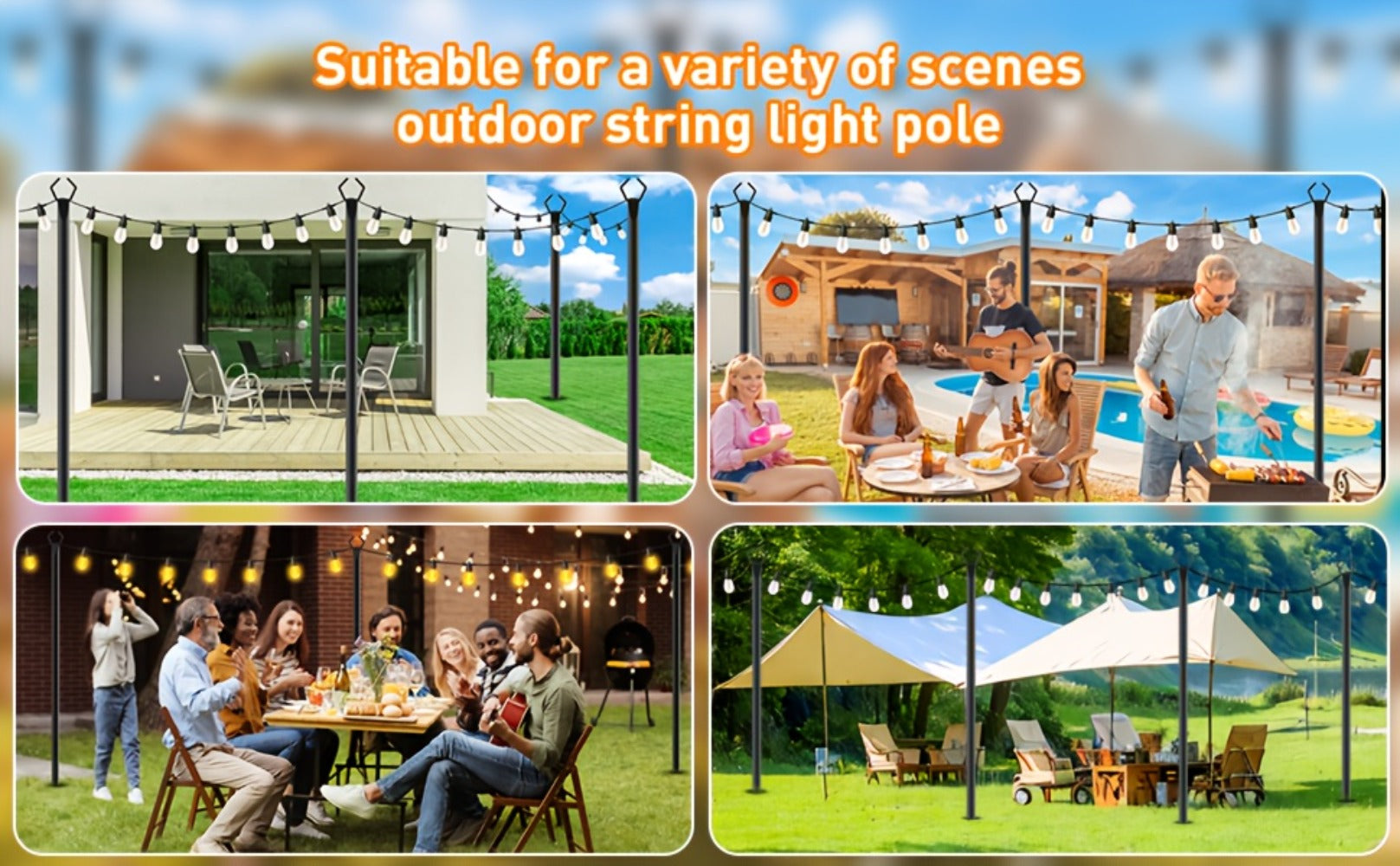 Outdoor String Light Poles 4 Pack - 11.1FT Heavy Duty Metal Forked Light Stand for Patio Backyard Garden Deck, Rustproof All-Season String Light Pole for Wedding Party Christmas Camping Decor
