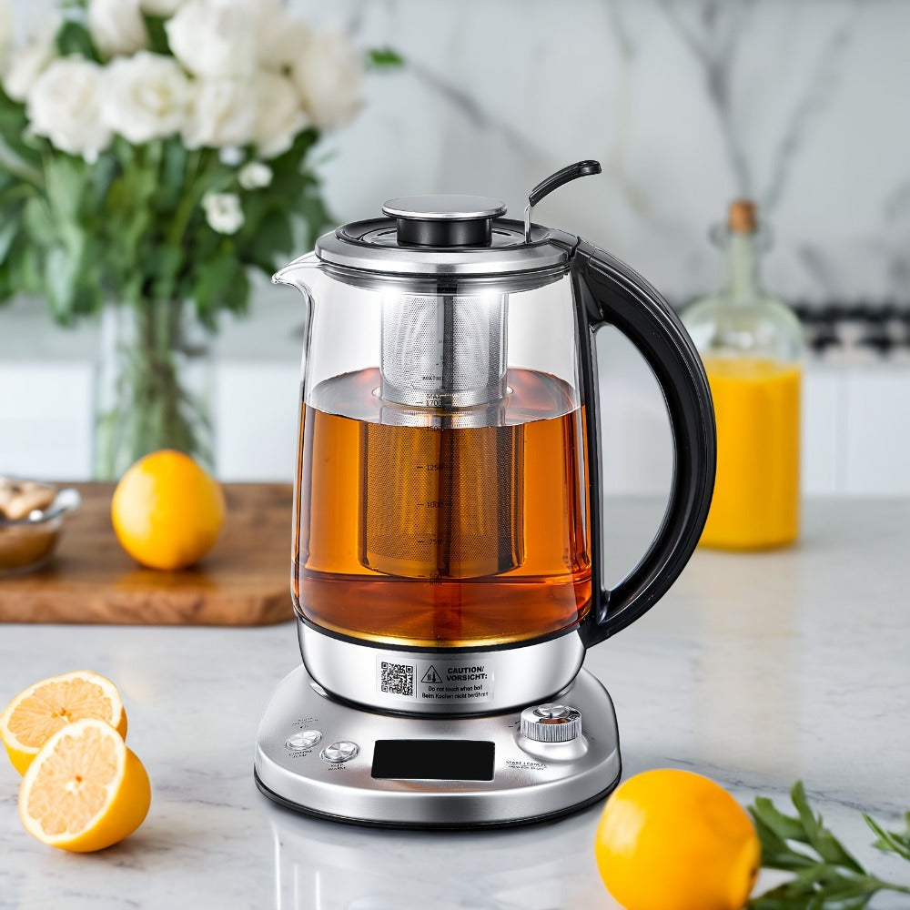 Electric Tea Kettle with 9 Temperature Control Presets ¨C 1.7L Borosilicate Glass Kettle, 1200W, Removable Infuser, 2-Hour Keep Warm, Stainless Steel Hot Water & Tea Pot for Home & Office