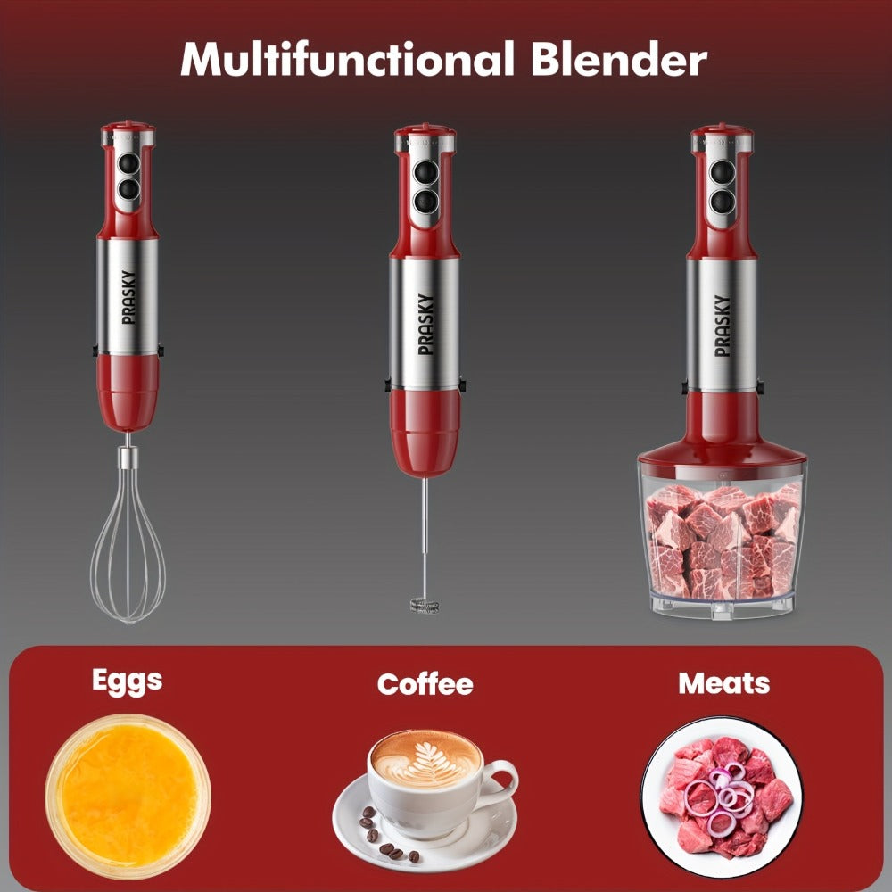 Immersion Blender 5-in-1 Handheld Mixer | Heavy Duty Motor | Whisk Meat Chopper Measuring Cup Attachments | Stick Blender for Soups Smoothies Sauces | Kitchen Hand Blender Red Black