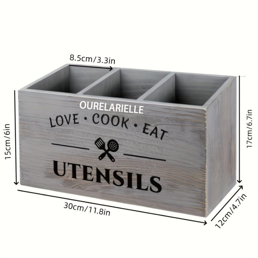 Wooden Cutlery Storage Box with Grid Compartments Chopstick Organizer Rack with Metal Accents for Kitchen Drawer Bedroom Desk Home Organization in Natural White Black