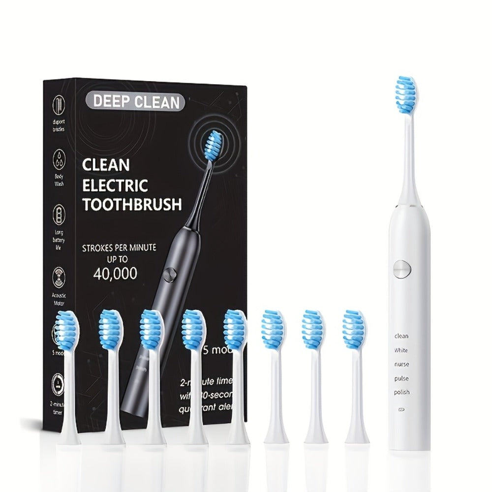Sonic Electric Toothbrush ¨C 5 Vibration Modes, Soft Bristle, Type-C Fast Charging, Waterproof, Deep Clean & Teeth Whitening Rechargeable Power Toothbrush for Men & Women, 4 or 8 Brush Heads