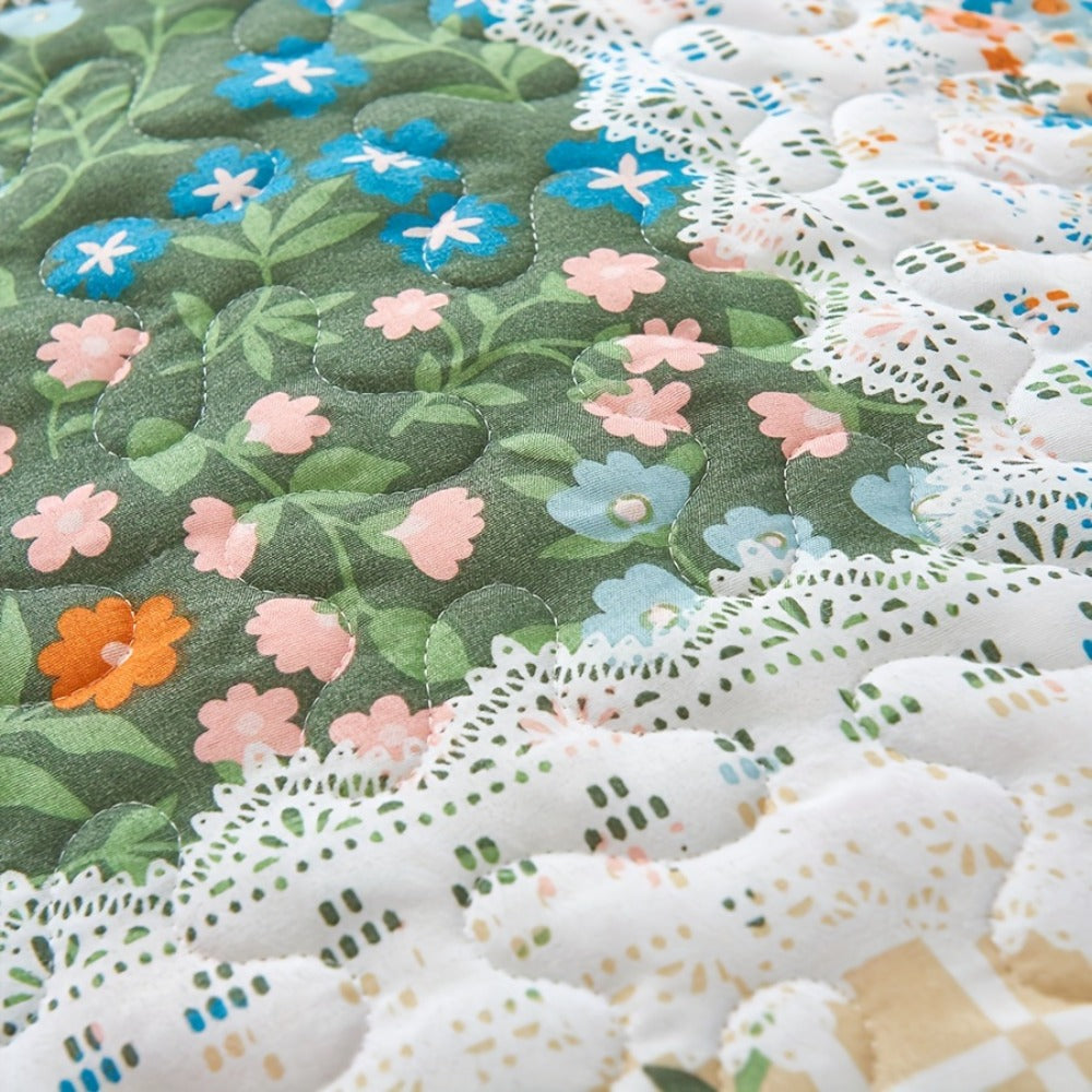 Quilt Set 2 3 Piece Lightweight Floral Patchwork Coverlet Bedding Set with Pillow Shams, Boho Quilted Bedspread for Twin Full Queen King, All Season Soft Cozy Bed Cover Green Blue Pink Grey