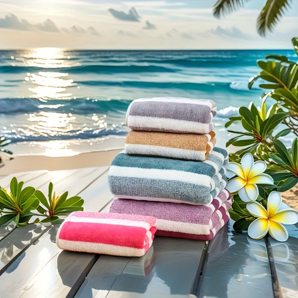 Coral Fleece Towel Set 9 or 15 Piece No Hair Loss 320GSM - Super Soft Absorbent Two-Color Striped | 2 Bath 2 Face 5 Hand Towels | Gray Brown Red Green Blue Mixed | Bathroom Beach Essentials