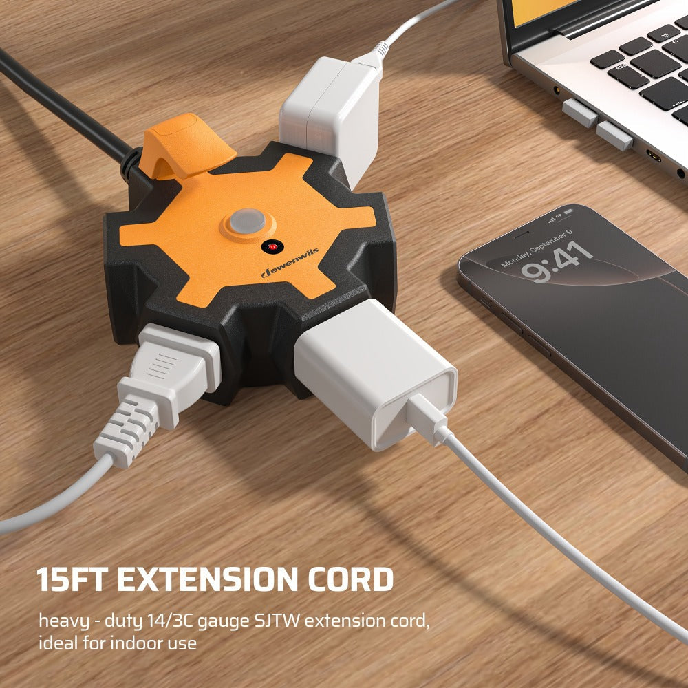 Industrial Power Strip 5-Outlet 15ft Heavy Duty Extension Cord 14/3 AWG SJTW Circuit Breaker Swivel Safety Covers for Garage Workshop Workbench