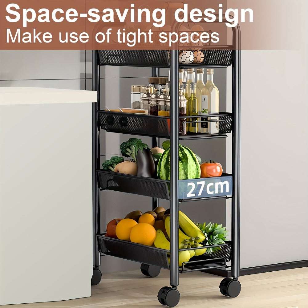 Rolling Storage Cart on Wheels ¨C 3/4/5 Tier Carbon Steel Wire Basket Trolley, Black Metal Utility Cart for Kitchen, Bathroom, Bedroom, Office & Living Room, Space-Saving Detachable Shelving Unit