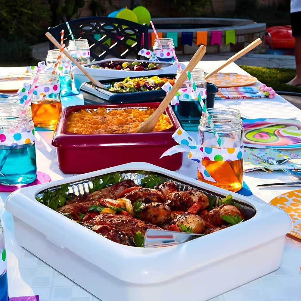 Aluminum Foil Tray with Lid - Insulated Stackable BBQ & Salad Serving Container for Outdoor Picnic, Party, Kitchen Use, Rectangular, Black & Red