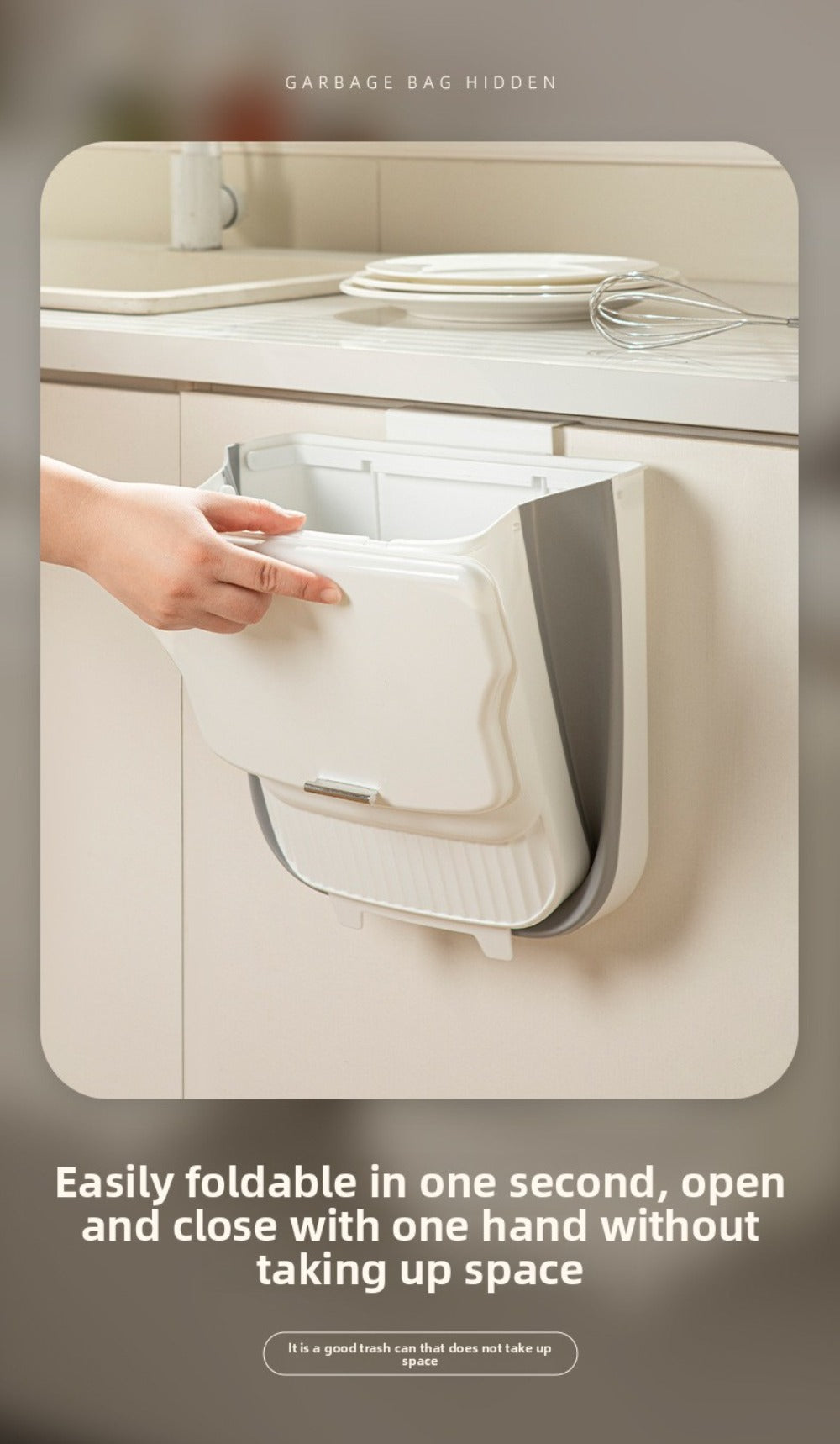 Collapsible Trash Can with Lid Wall Mounted Cabinet Door Hanging Waste Bin 1.85 Gallon Kitchen Bathroom Odor Control Space Saving Garbage Can