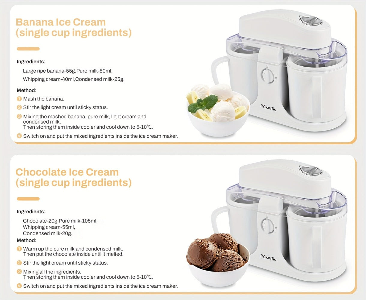 Ice Cream Maker Machine 33.81oz Dual Cup - Homemade Ice Cream, Frozen Yogurt & Fruit Smoothies, Detachable Easy-Clean Design, Electric Dessert Maker for Family & Kids, Perfect Christmas Gift