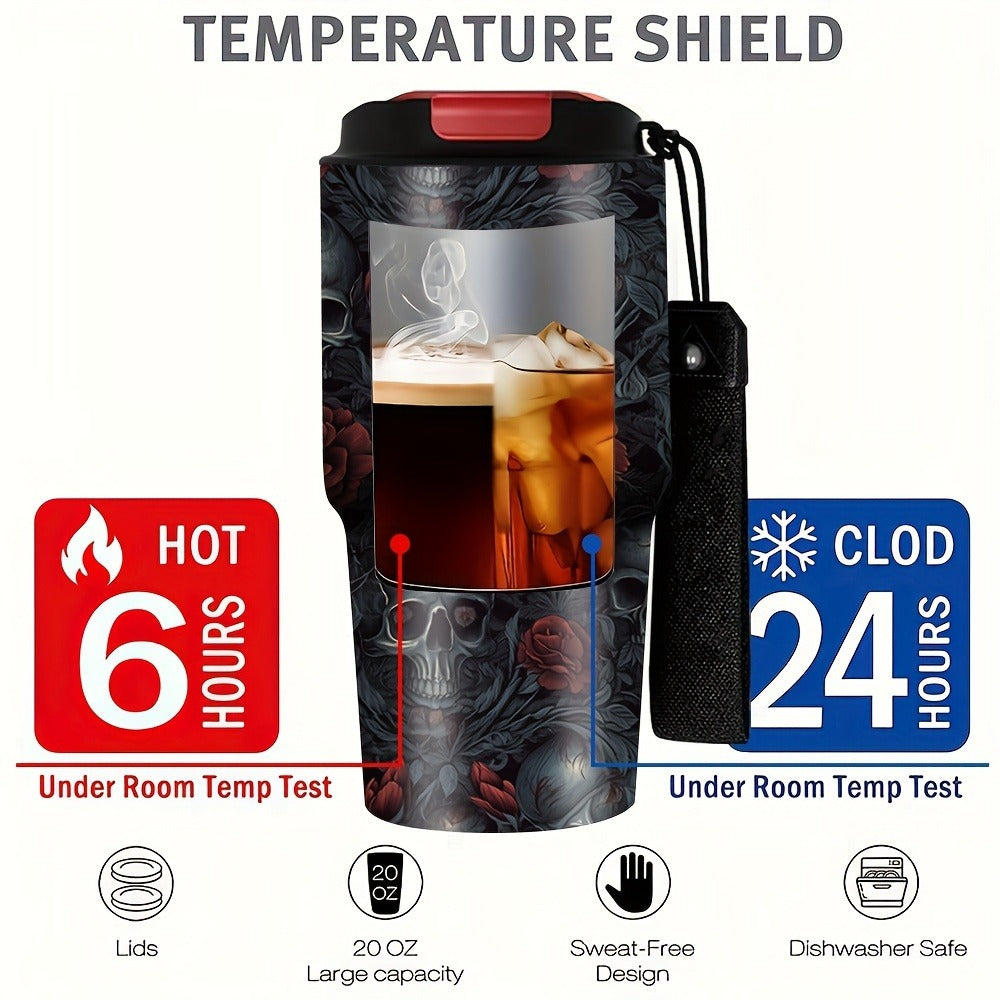 Insulated Tumbler 20oz Gothic Skull & Roses Stainless Steel Travel Mug with Carrying Strap, Coffee Cup Water Bottle for Camping Travel Halloween Gift