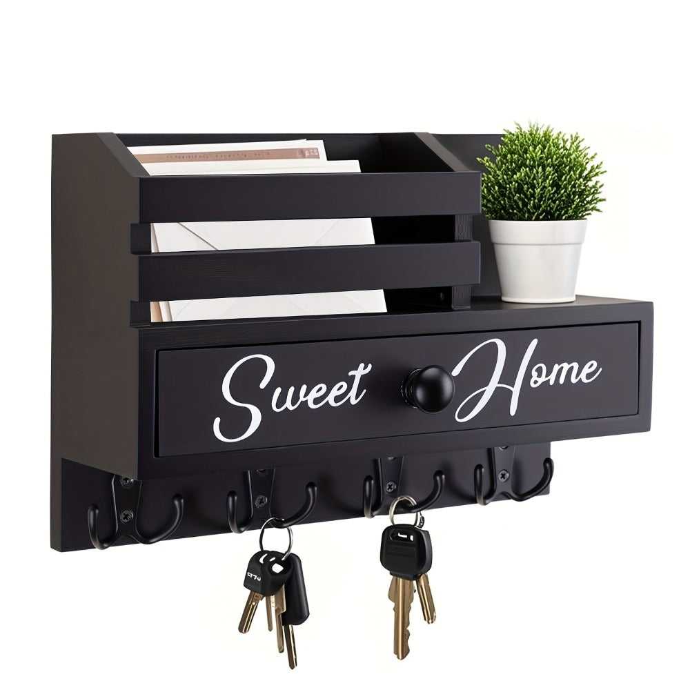 Key Holder for Wall with Drawer 8 Hooks ¨C Rustic Wood Wall Mounted Key & Mail Organizer for Entryway, Kitchen, Mudroom, Office, Adhesive & Paintable Hooks, Space Saving Entryway Decor Storage