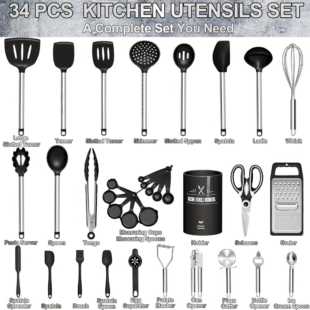 Silicone Cooking Utensils Set 34 Piece with Stainless Steel Handle, Heat Resistant Kitchen Gadgets Tools for Nonstick Cookware, Spatulas Spoons Tongs Whisk Complete Kitchen Accessories Gift Set