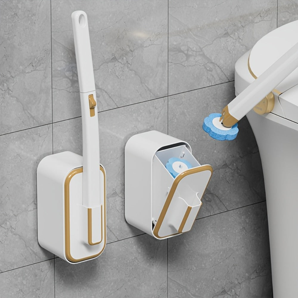 Wall-Mounted Toilet Brush Set with 8 Disposable Heads | No-Drill Easy Install, Long Handle Bathroom Cleaning Brush, Replaceable Brush Heads for Toilet Bowl, Home & Commercial Use, Plastic Medium Firmness
