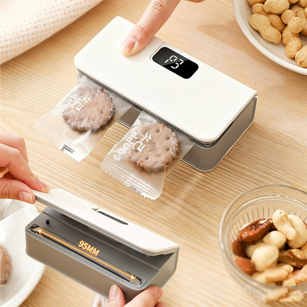 Portable Mini Bag Sealer USB Rechargeable ¨C Handheld Food Sealer with Built-In Cutter for Fruits, Vegetables, Snacks & Chips ¨C Compact Kitchen & Outdoor Picnic Sealing Tool, White & Blue