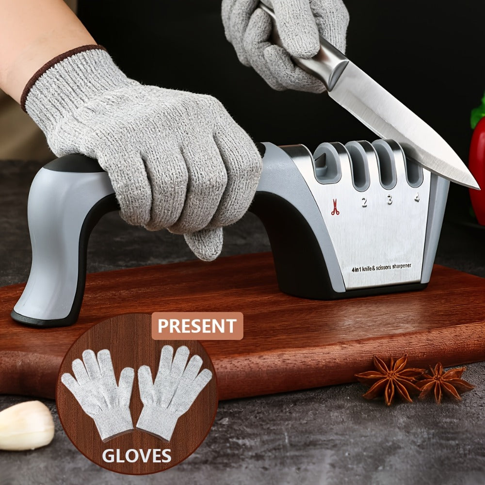 4-in-1 Knife Sharpener Manual Kitchen Tool for Chef Knives, Paring Knives, Steel Blades & Scissors ¨C 4 Stage Sharpening System with Non-Slip Base