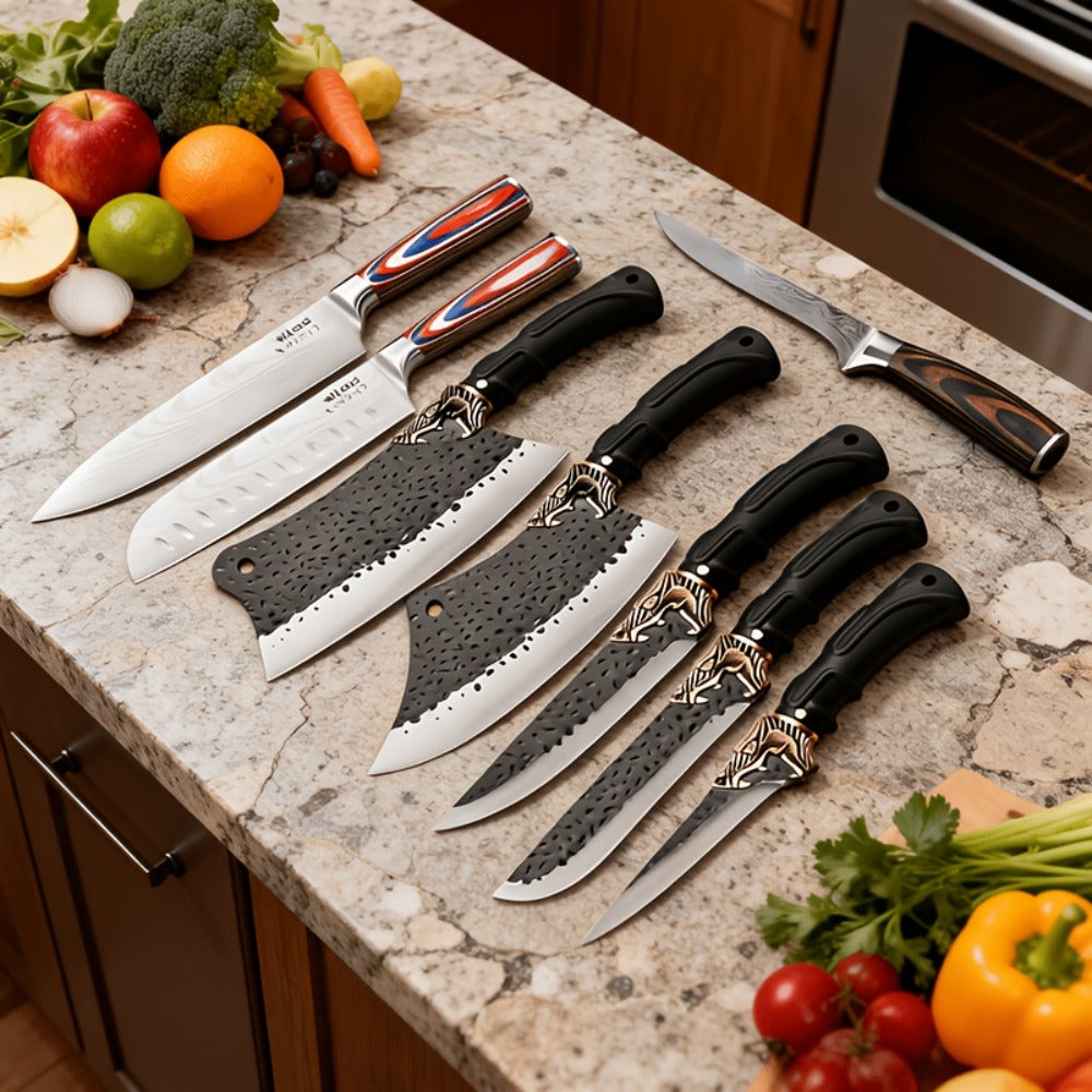 Chef Knife Set 8 PCS Professional Kitchen Knives - Stainless Steel Forged Blade, Boning Knife, Butcher Knife & Kitchen Scissors, Ultra-Sharp Full Tang Design