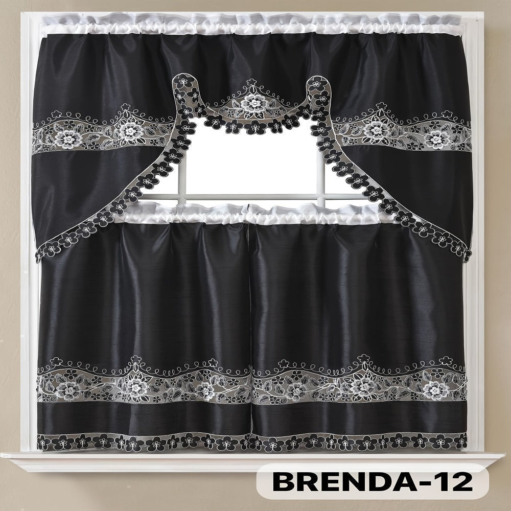 Kitchen Curtains 3 Piece Set Embroidered Satin Valance and Tiers - Rod Pocket Light Filtering Machine Washable 46 Colors Available All Season Home Decor