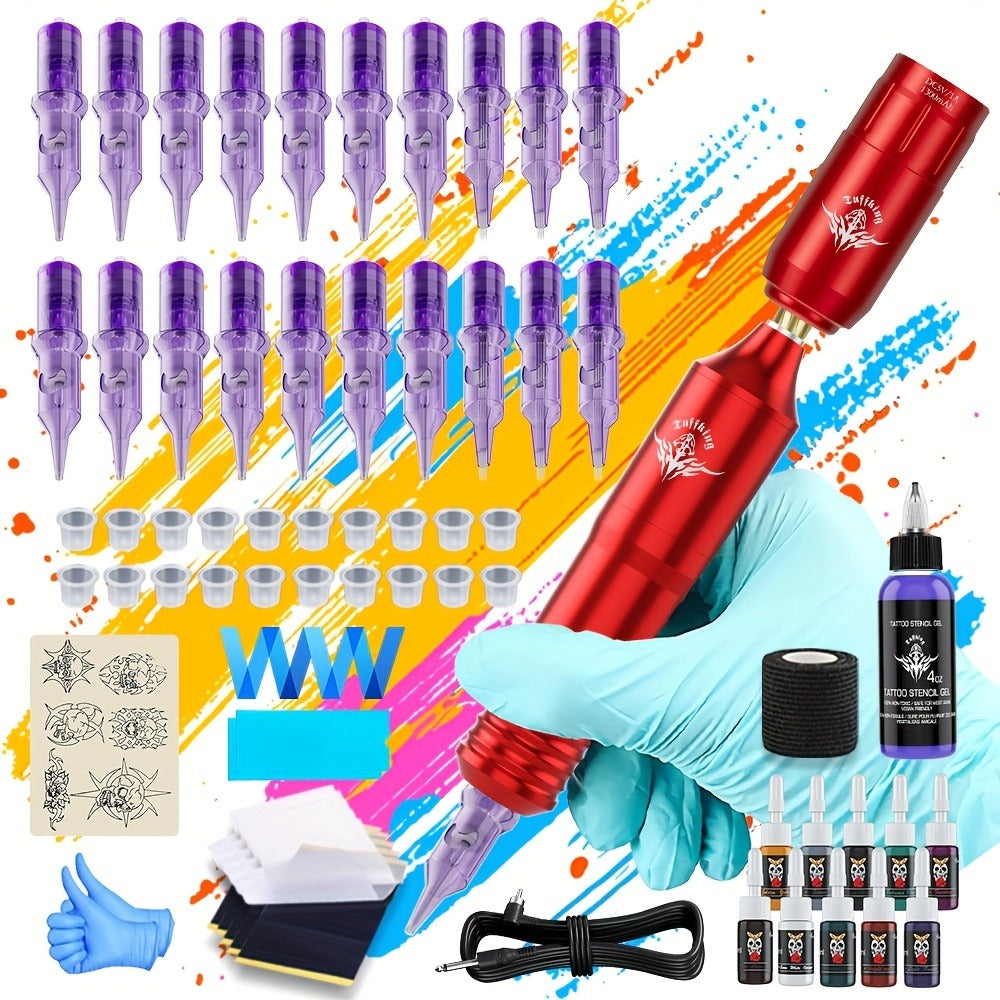 Rotary Tattoo Machine Kit 67pcs ¨C Complete Wireless Tattoo Pen Set with Cartridge Needles, Power Supply, Practice Skin, Inks & Transfer Paper for Beginners & Artists