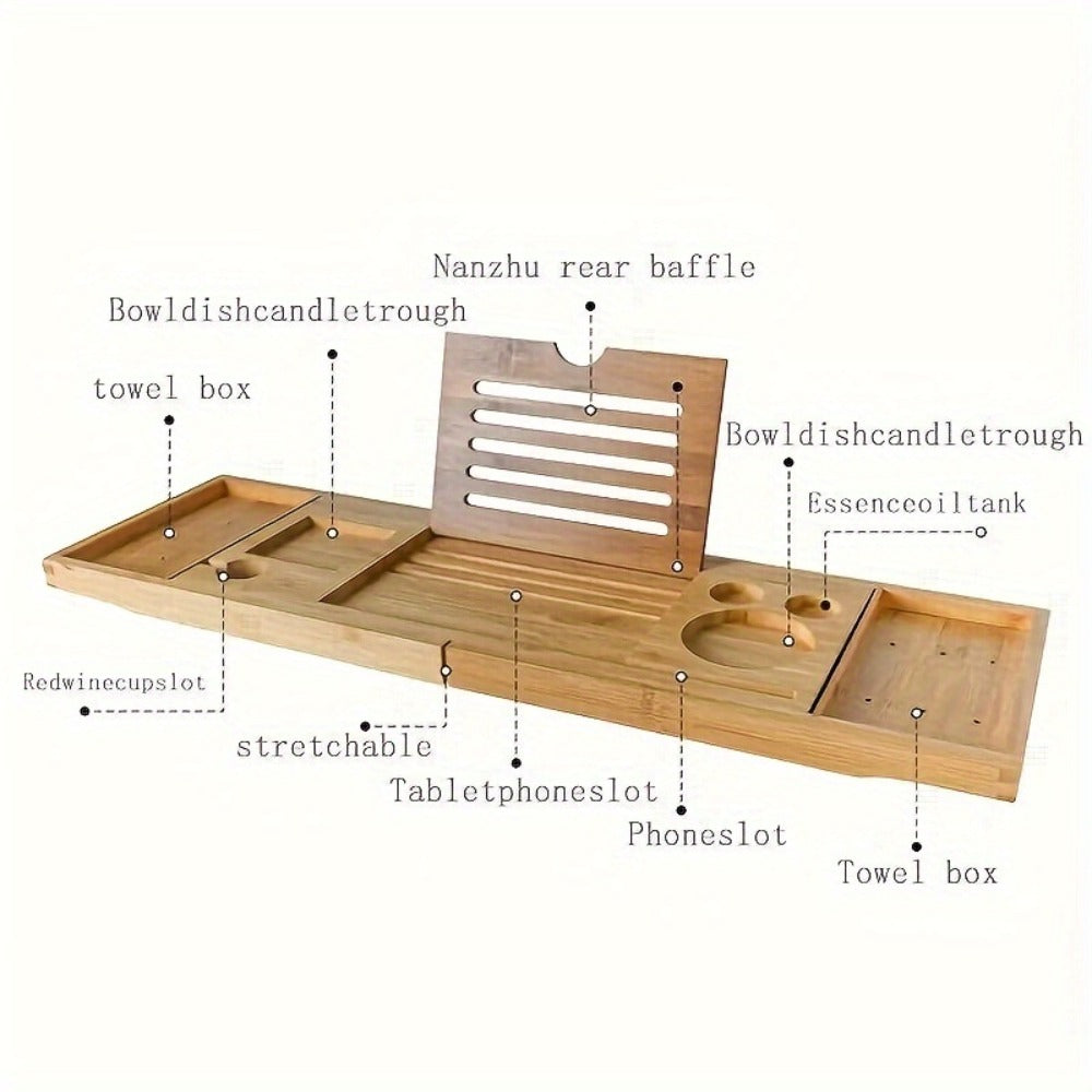 Bamboo Bath Caddy Tray with Adjustable Reading Rack - Expandable Bathtub Tray, Water-Resistant, Space-Saving Bathtub Organizer for Books, Tablets & Bath Essentials