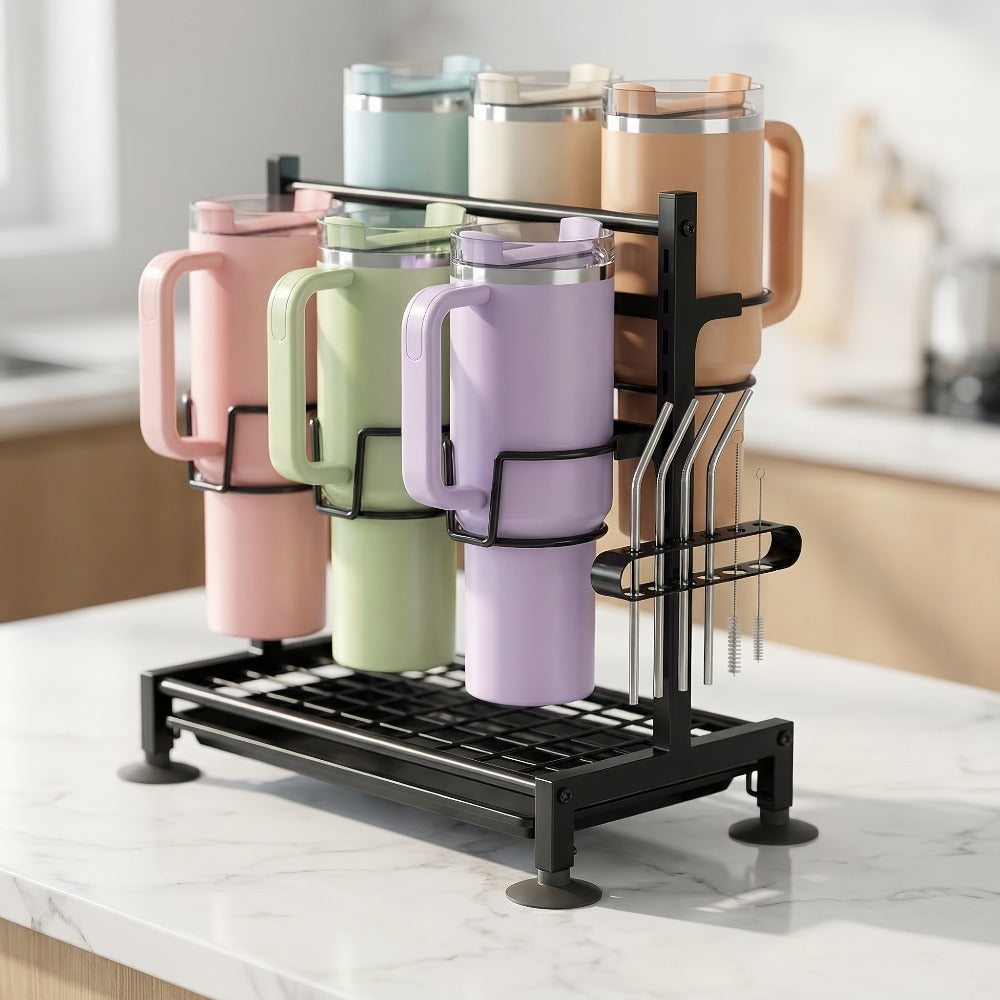 Cup Holder Rack 6-Grid Cast Iron Water Bottle Organizer for Kitchen Cabinet | Adjustable Height Drinkware Storage Rack Holds 40oz Cups Mugs Tumblers Stanley Bottles Space-Saving Kitchen Organizer