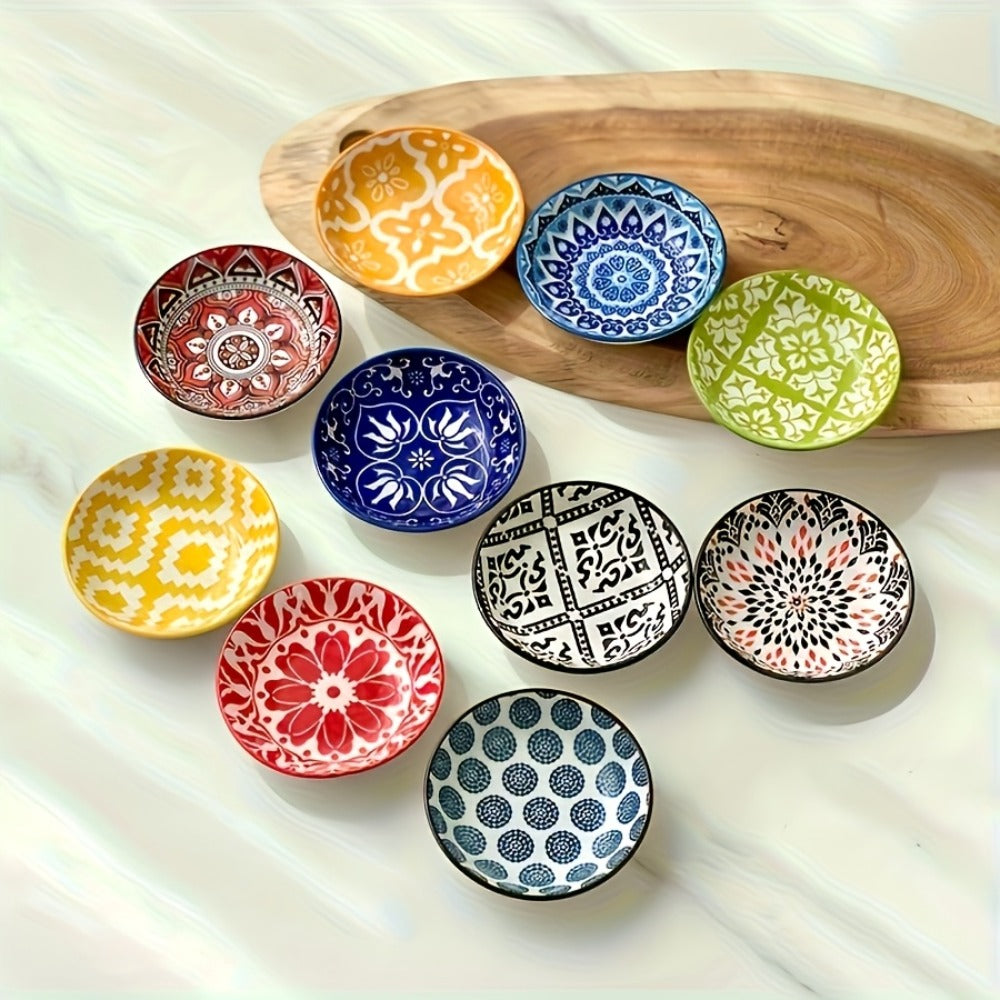 Ceramic Condiment Dish Set of 10 ¨C Bohemian Small Saucer Dipping Bowls for Soy Sauce, Vinegar & Spices | Kitchen, Restaurant, Party, BBQ & Picnic Use | Machine Washable