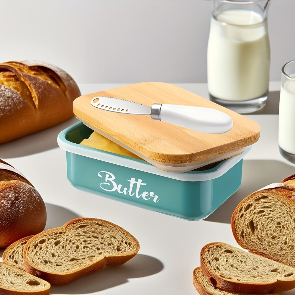 Butter Dish with Bamboo Lid & Knife, Iron Airtight Butter Keeper & Cheese Storage Box ¡ª Large Capacity Kitchen Counter Butter Container | Holiday Gift | Black, Gray, Green
