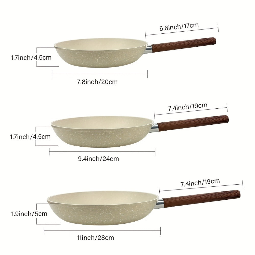 Non-Stick Frying Pan Set 3-Piece 7 9.5 11 Inch ¨C Dishwasher Safe Skillet Set with Insulated Handle | Induction Compatible Home Kitchen Pans in Beige Grey & Black | Durable Even-Heating Cookware