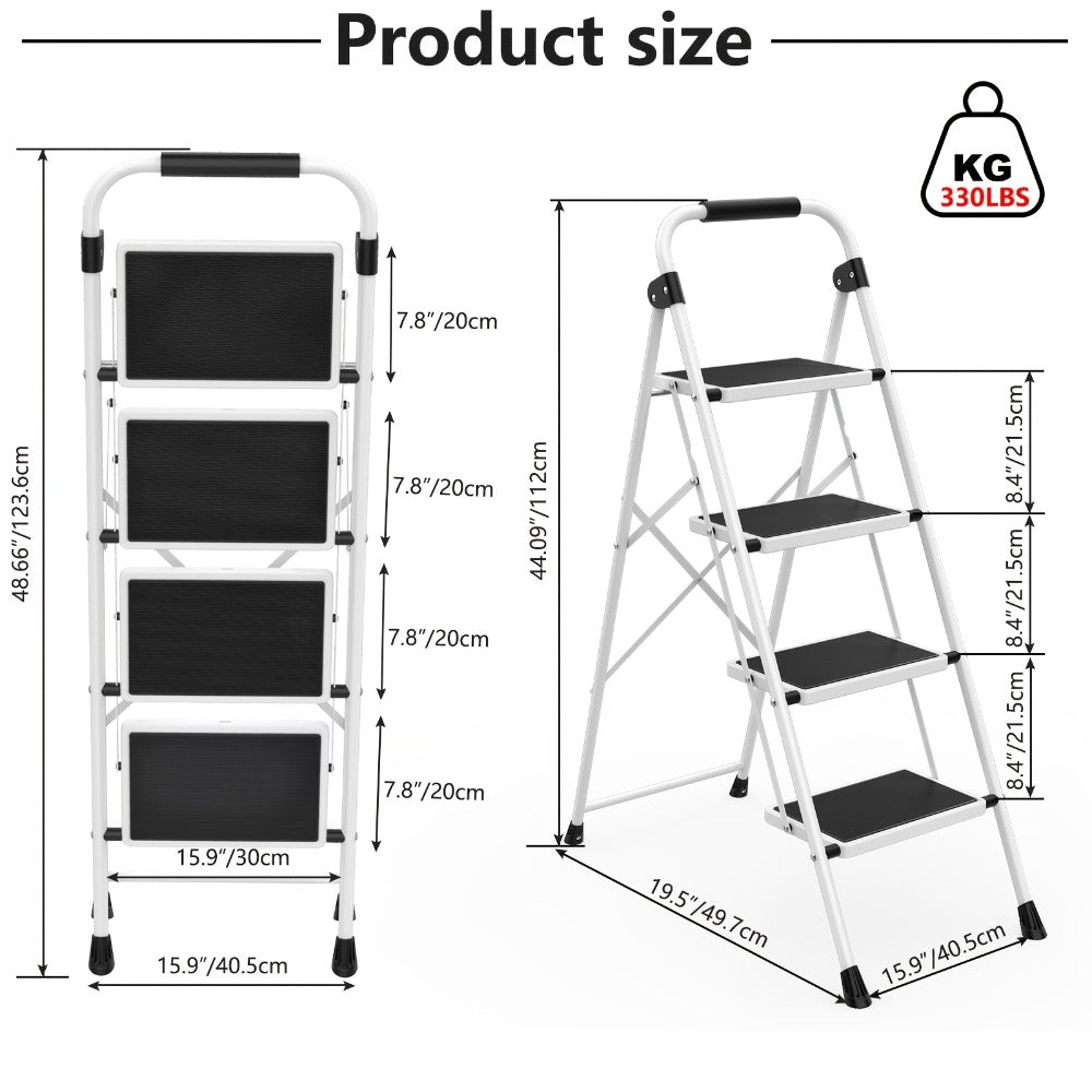 Heavy Duty Folding Steel Step Stool with Storage Shelf & Wide Anti-Slip Pedal, 800 lbs Capacity, 2/4-Step Sturdy Portable Step Ladder for Home, Garage & Workshop, Black, Grey & White