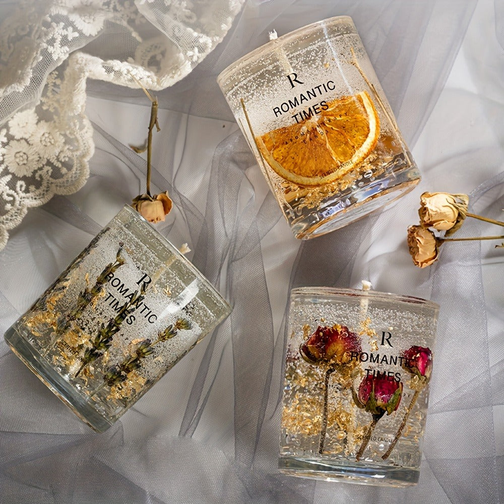 Soy Candle with Real Flowers 7.4oz Essential Oils 50-Hour Burn Floral Scented Elegant Glass Jar Velvet Rose Lavender Orange for Home Decor Relaxation Gift