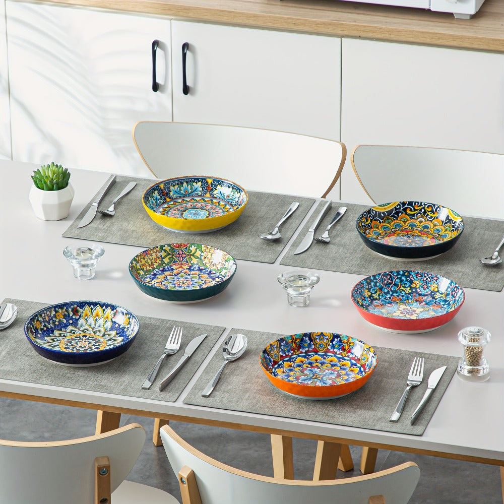 Bohemian Pasta Bowls Set of 6 | 32 Oz Porcelain, Floral Pattern, Microwave & Dishwasher Safe ¨C VANCASSO