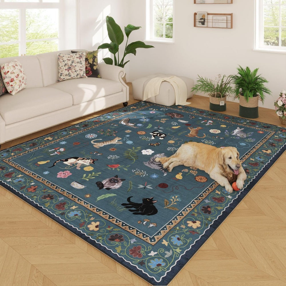 Boho Cat Floral Area Rug ¨C Vintage Blue Animal Print Low Pile Carpet, Non-Slip Soft Rug for Living Room, Bedroom & Dining Room, Round & Runner Sizes, Easy Clean