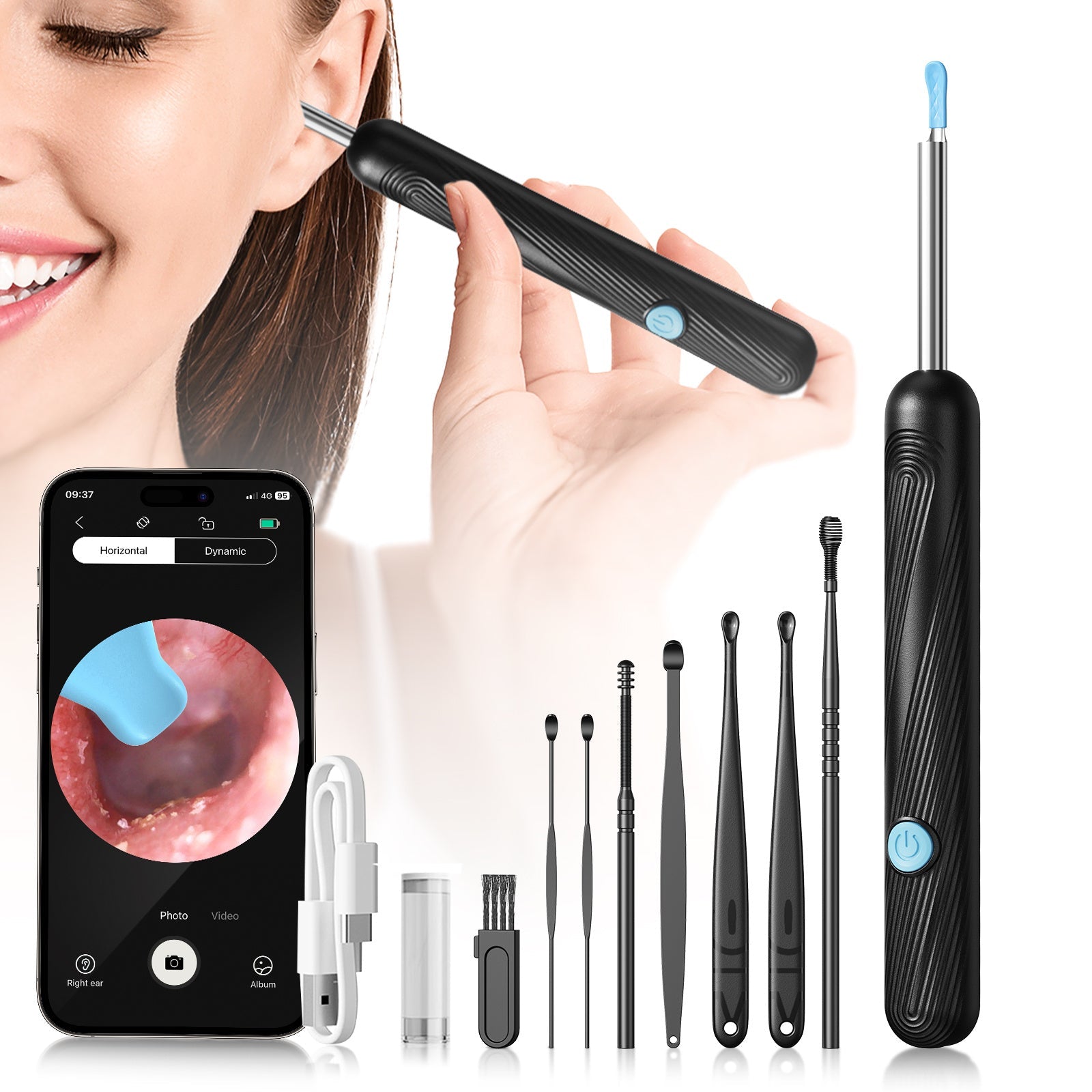 Ear Wax Removal Camera Visual Ear Cleaner 1080P HD ¨C 6 Safety Ear Spoons 7-Piece Kit, USB Charging, Real-Time Smartphone Inspection, Portable Ear Cleaning Tool for Adults Kids, Black and White