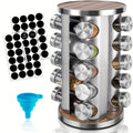 Rotating Spice Rack with 20 Glass Jars 360-Degree Revolving Stainless Steel Spice Tower Organizer for Kitchen Countertop Cabinet with 386 Labels for Herbs Spices Condiments